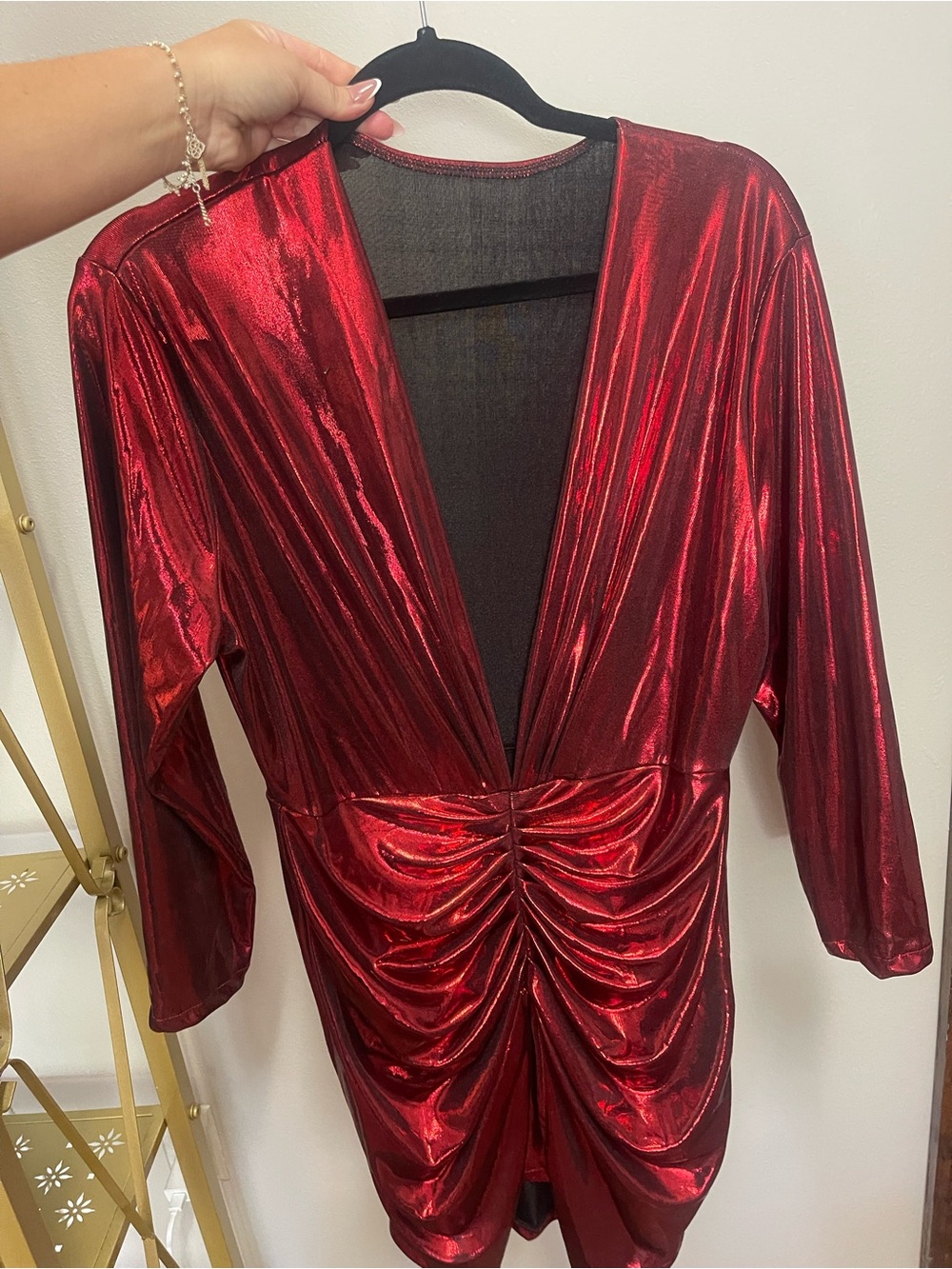 Red Metallic Deep V Ruched Party Dress